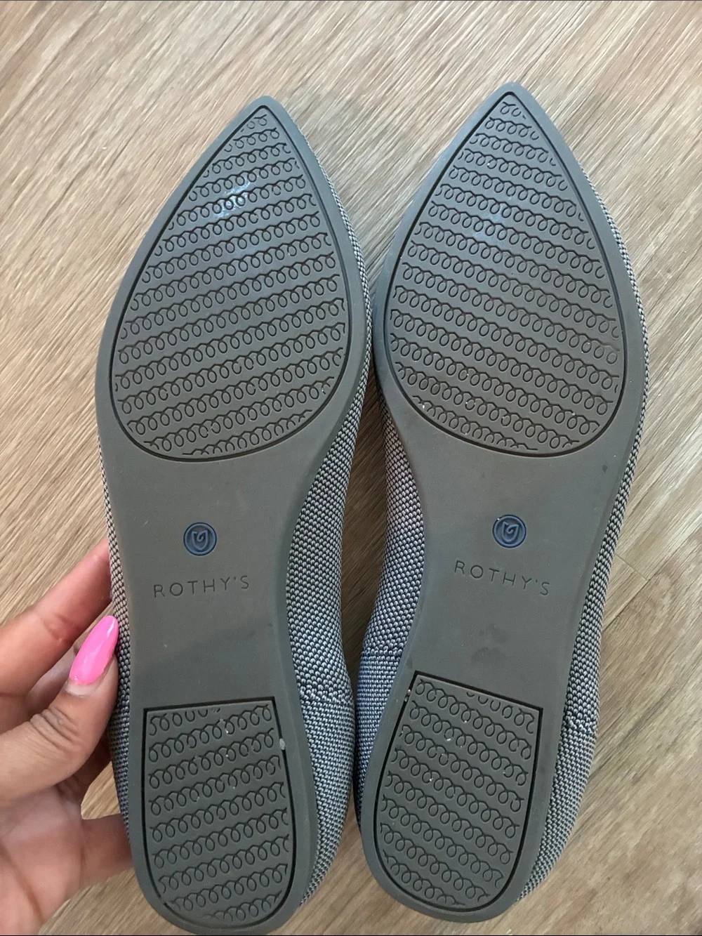 Rothy's Pointed Toe Flats in Gray with Blue Trim